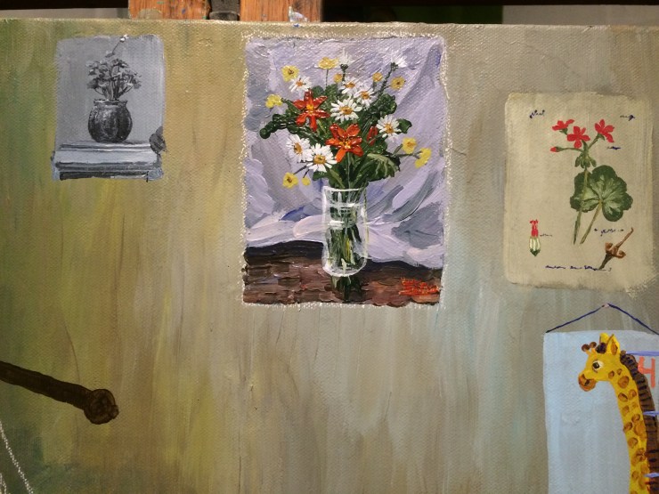 A detail of a painting shows three images of flowers. The first is a black and white picture of a potted geranium. The second is a painting of a vase of wildflowers. The third is a botanical illustration of a geranium. A child's growth chart is shown hanging on the wall below the botanical drawing.
