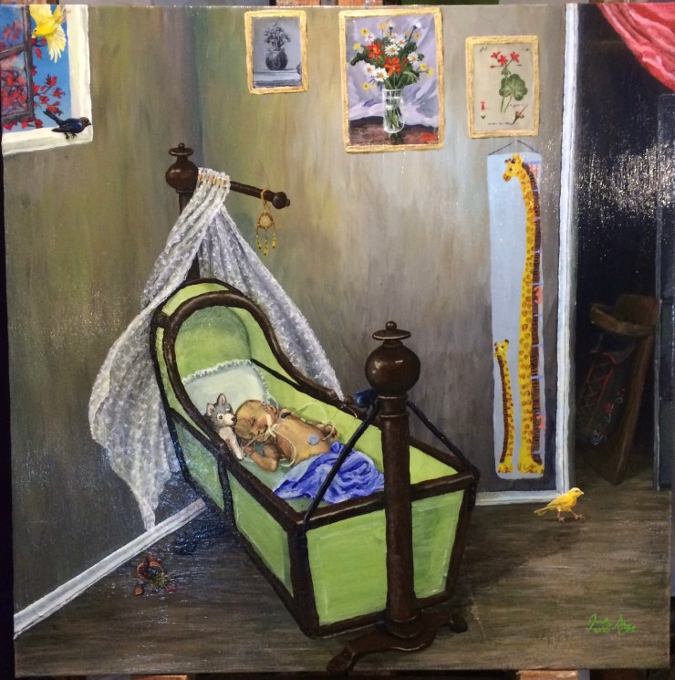 A completed painting shows a cyborg baby in an antique bassinet. Birds are entering and exiting through the open window. They have knocked over a flower pot that lies broken on the floor. One bird is pulling on the wires connected to the cyborg baby's arm. Another bird near the closest directs the viewers gaze to an empty tiginaagan concealed in the shadows of a closet. On the wall behind the bassinet are three paintings of flowers and a child's growth chart. The composition of the painting is top heavy, and the viewer's eye is moved around an area of negative space created by an empty wall behind the bassinet, putting the entire painting slightly off balance.