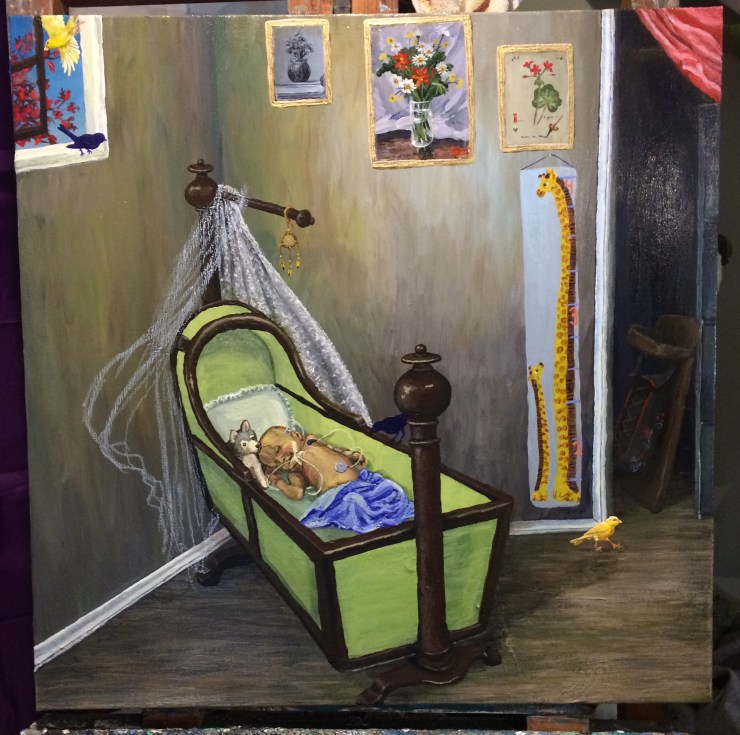 An unfinished painting of an infant in a cradle. The infant is connected to wires and snuggled up to a stuffed wolf. There is a yellow canary on the floor and another flying out the partially open window. Two dark blue silhouettes indicate where additional birds will be painted.