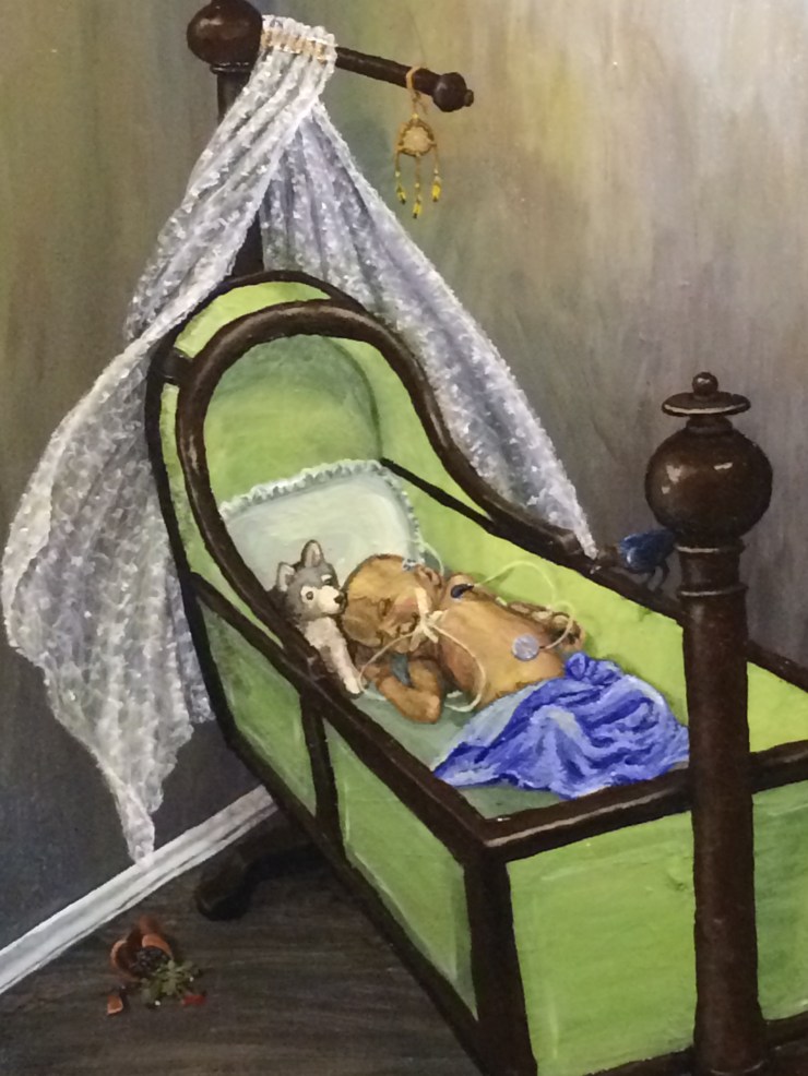 A detail of a painting showing an infant in a bassinet. The bassinet is surrounded by a white lace curtain which is blowing open. The infant is snuggled into a stuffed wolf, and is connected to wires and monitors. A brown headed cowbird perches on the side of the cradle. A broken flower pot is on the ground beside the cradle and a dream catcher hangs from the curtain rod above the infant.