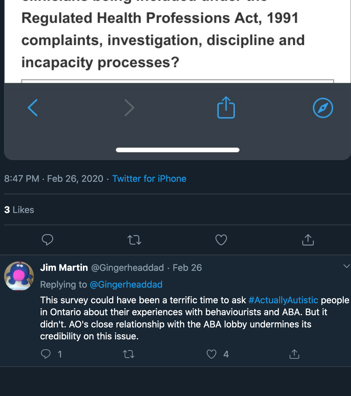 A reply from @Gingerheaddad reads: This survey could have been a terrific time to ask #ActuallyAutistic people in Ontario about their experiences with behaviourists and ABA. But it didn't. AO's close relationship with the ABA lobby undermines its credibility on this issue. 