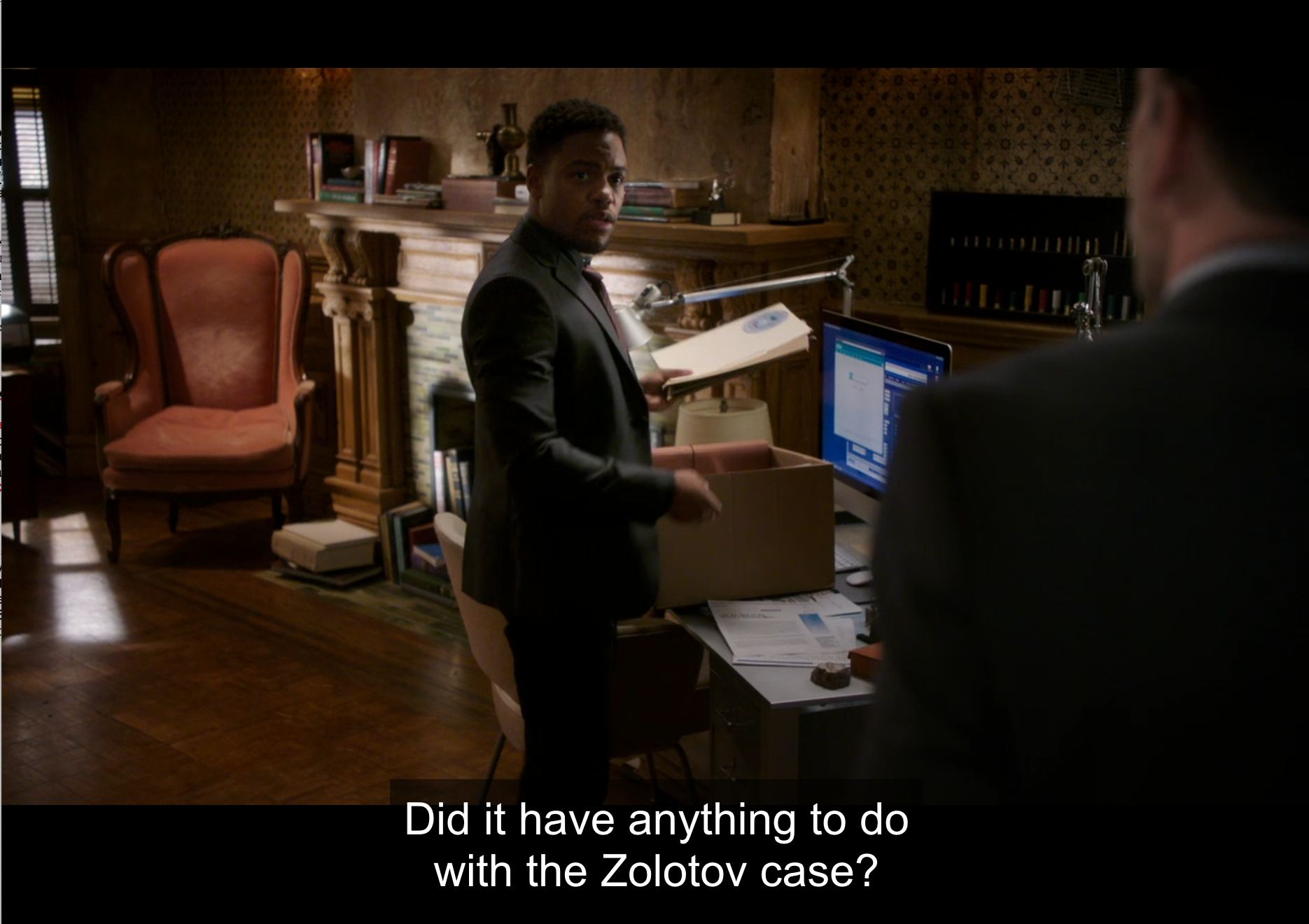 Detective Bell is shown collaborating with Holmes and Watson’s investigation. Unlike Doyal’s original novels where police are often depicted as incompetent or in the way. Bell is holding a file next to a messy work station in the brownstone. A subtitle reads: "Did it have anything to do with the Zolotov case?" (Elementary. 2016a).