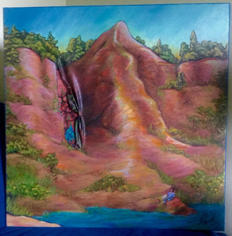 Bliss: A Meditation on Time. A painting of a person seated on an outcropping overlooking a lake. High cliffs rise up behind them and reflect pink and golden light. The sky and lake are a rich turquoise blue. The person is eating an apple. A bike lies on its side on the beach. The canvas is split at a crevasse in the cliff face and sewn back with copper wire. Behind the torn canvas the same landscape is visible, but painted in a woodlands style. The tree in the painting has red fruit, while the same tree is just visible in the pulled back part of the canvas is painted with its fruit still unripe.