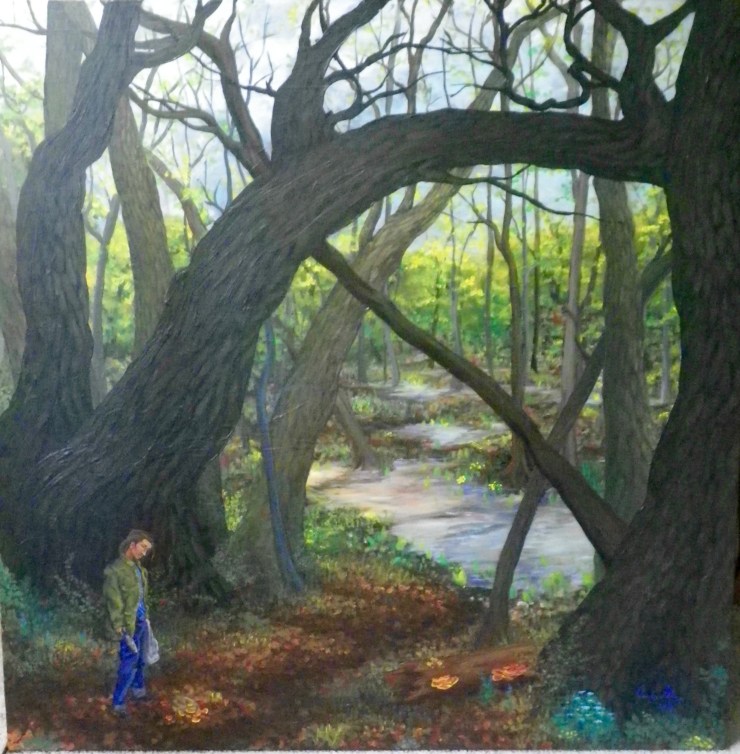 Carolinian Gothic. A panting of a person standing in the forest. They are wearing a camoflage jacket and jeans and holding a plastic bag and a knife. A second, cloth bag has been droped, scattering orange chicken of the woods mushrooms in front of them.