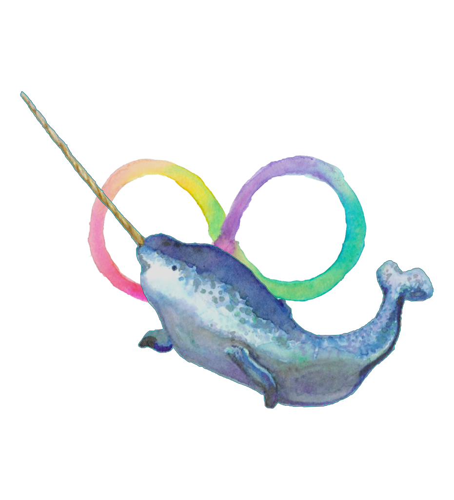 a narwhal in front of a neurodiversity infinity icon, inked in pastel colours