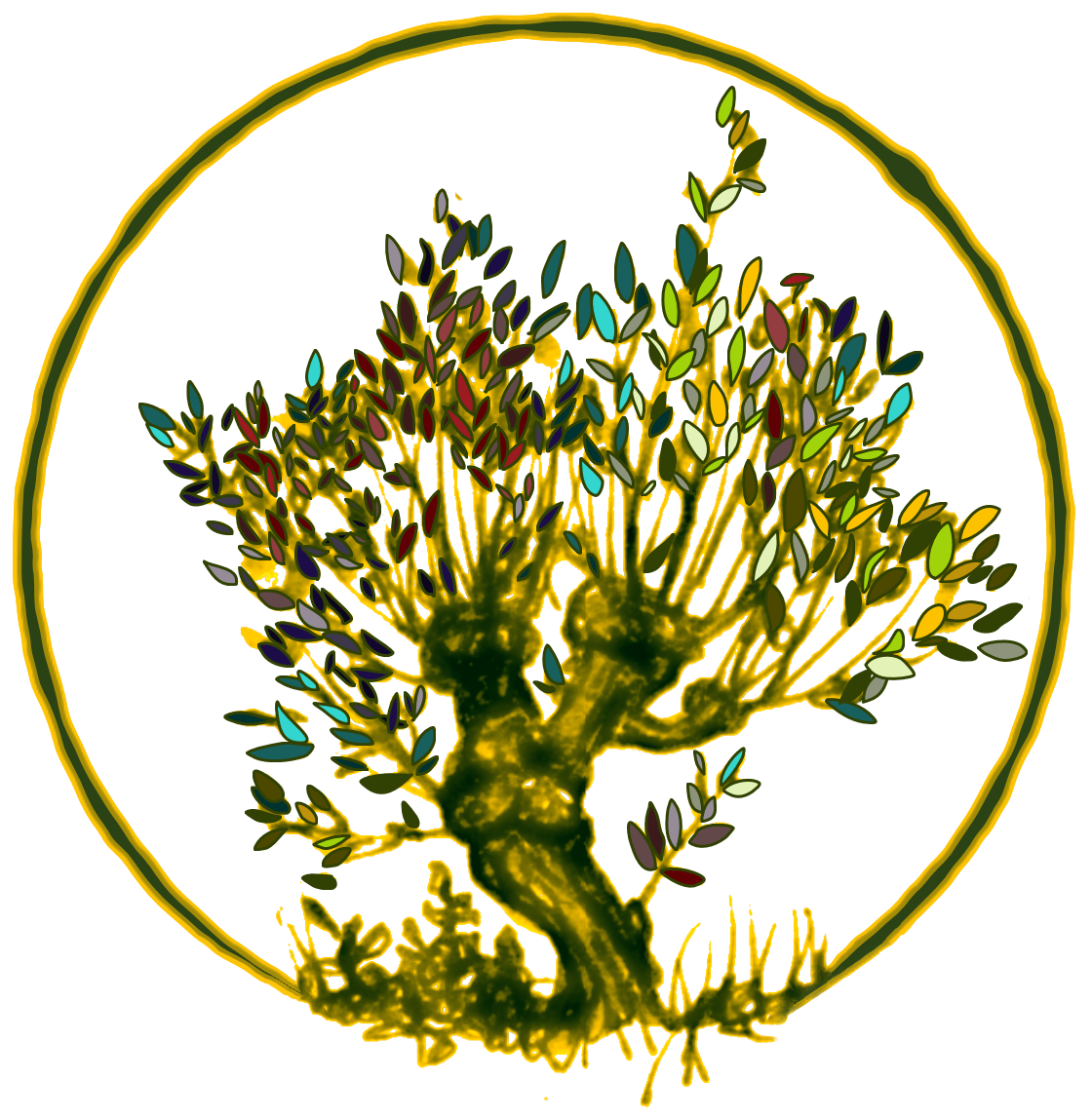 This Is Not An Image of Loss Logo. A hand drawn sketch of a coppiced willow tree with multi coloured leaves. The main trunk and branches of the tree are in green and yellow tones and the tree is enclosed in a sketched circle also in green and yellow.